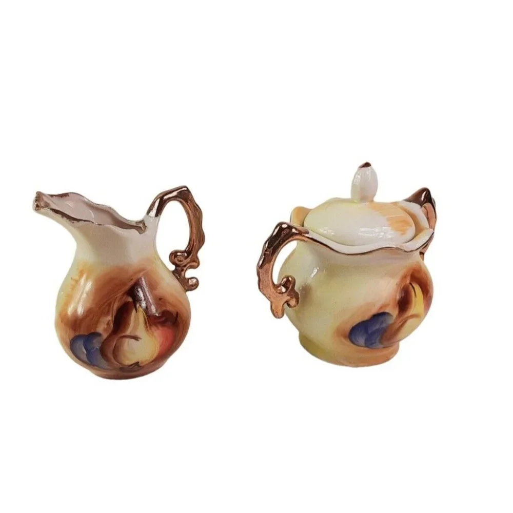 Vintage Enesco Porcelain Creamer and Sugar Bowl Set Hand Painted Fruit Design/GC